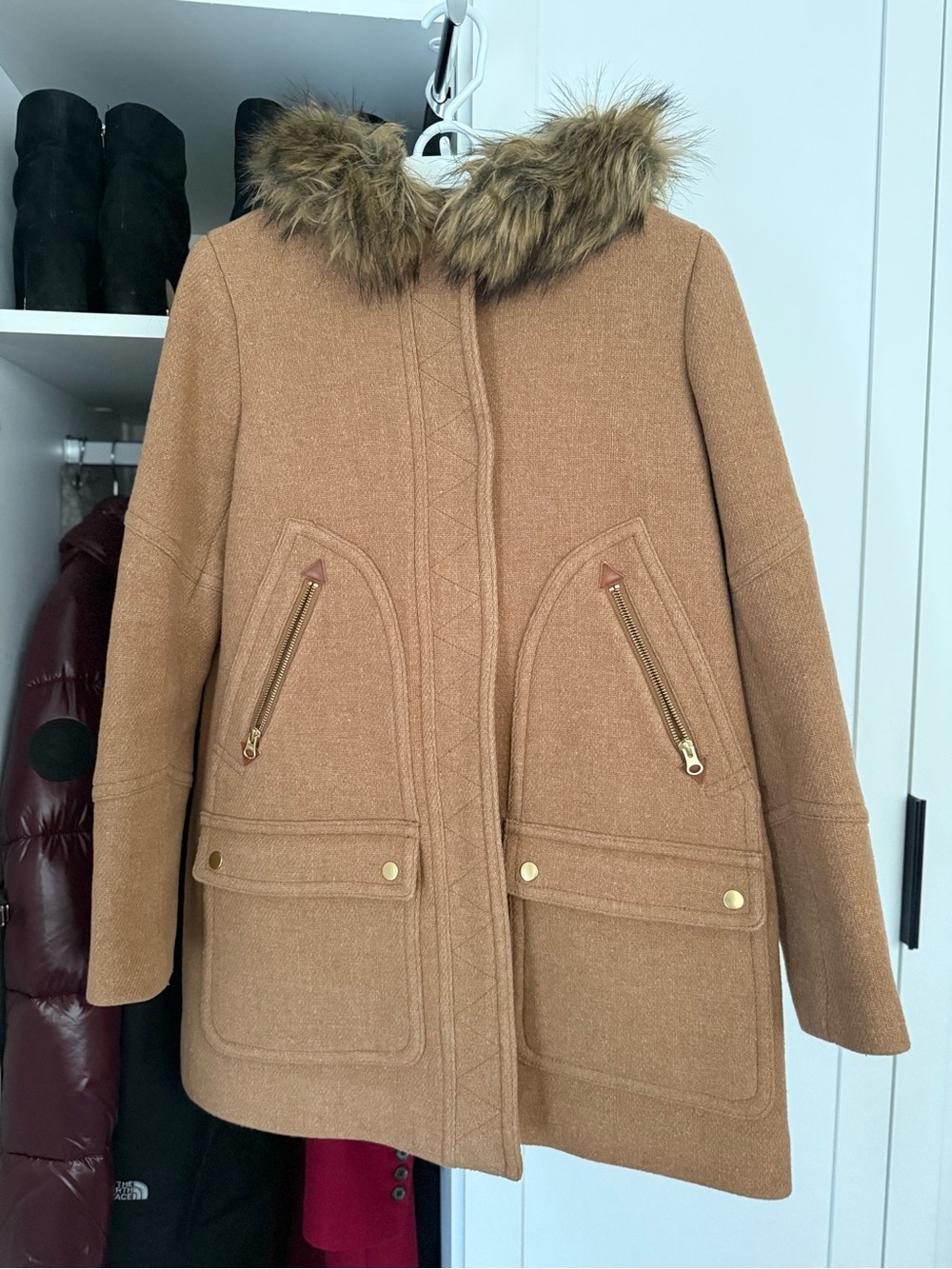 Jcrew women’s Faux Fur Hooded Wool-Blend stadium Coat nello gorilla- Camel